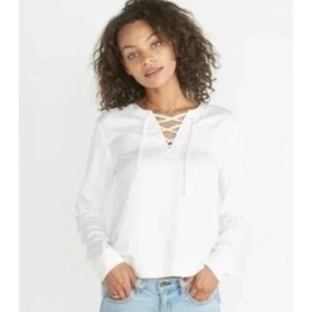 Marine Layer Everly Lace Up Top Women’s XS White Tunic Long Sleeve 100% Modal